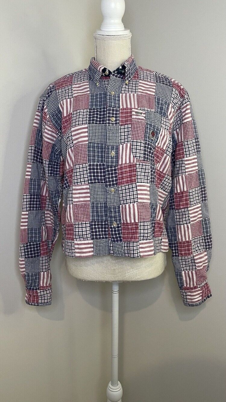 Vintage 90s Tommy Hilfiger American Plaid Patchwork July 4th USA Shacket Crop XL